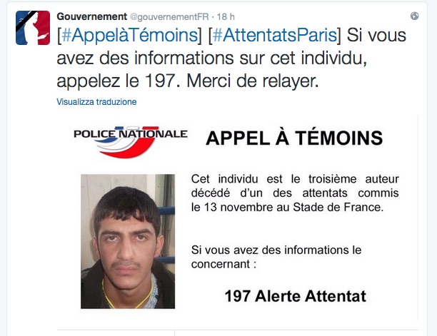 Tweet della polizia francese per l'identificazione del terzo Kamicaze dello Stade de France