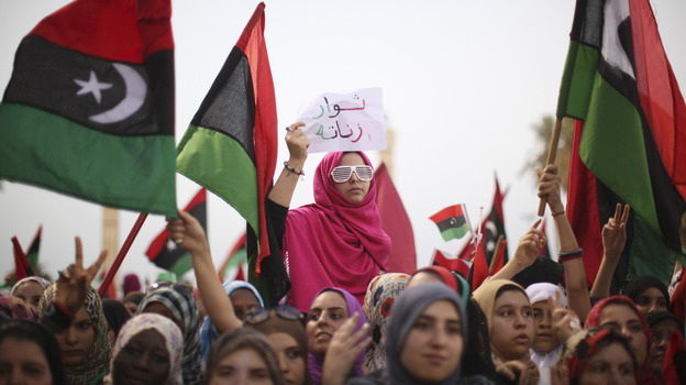 In Tripoli, Libya, women celebrate the revolution against Moammar Gadhafi's regime and call for a strengthening of women's rights, Sept. 2. After playing large but largely unsung roles during the uprising, women are now seeking a greater political role.