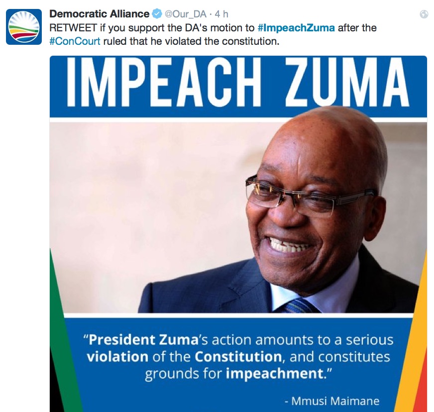 Il tweet #ImpeachZuma di Democratic Alliance
