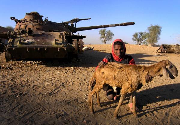 Un uomo fotografato con la sua pecora davanti a un carro armato distrutto durante la guerra tra Eritrea e Etiopia dal 1998 al 2000. L'istantanea è stata scattata nel 2005 REUTERS/Ed Harris