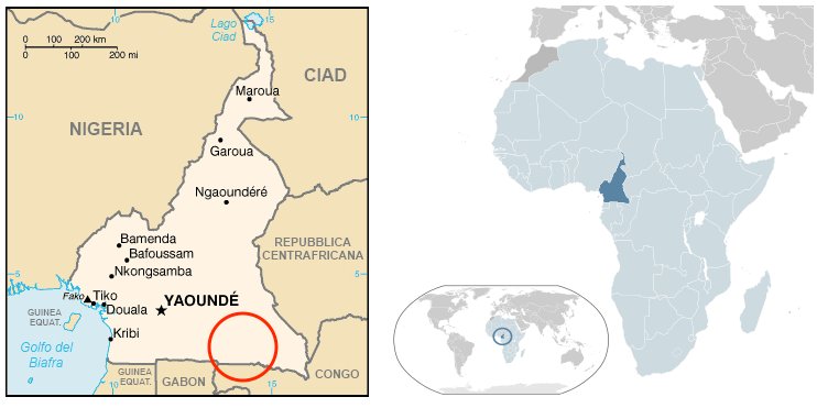 Mappa del Camerun. Nel cerchio l'area nella quale vivono i pigmei Baka