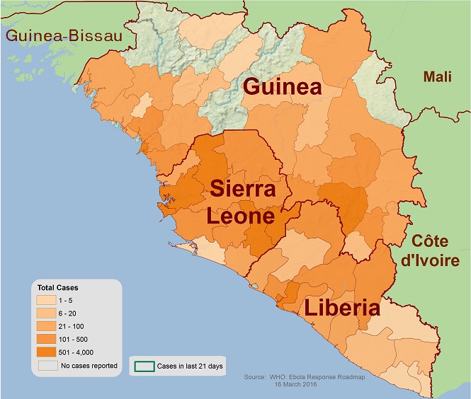 Mappa dell'epidemia di ebola aggiornata al 16 marzo 2016 (fonte WHO) 