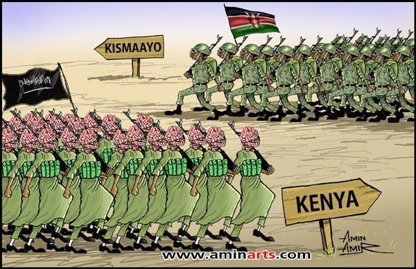 Un vignettista somalo descrive così l’invasione delle truppe keniote in Somalia dirette verso il porto di Kisimayo, mentre gli shebab marciano verso il il Kenya 