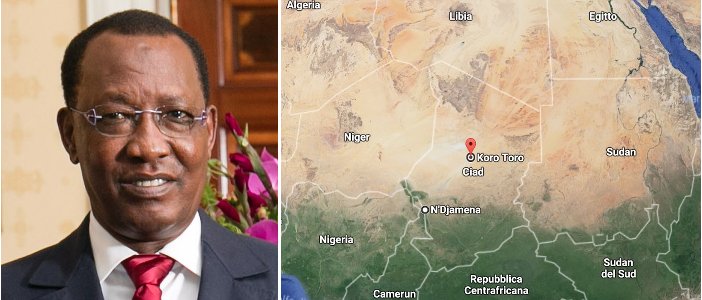 Il presidente del Ciad Idriss Deby e la mappa del Ciad con il luogo della prigione di Koro Toro nel deserto ciadiano