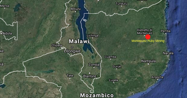 Mappa del nord del Mozambico con la localizzazione della Montepuez Ruby Mining (courtesy Google Maps)
