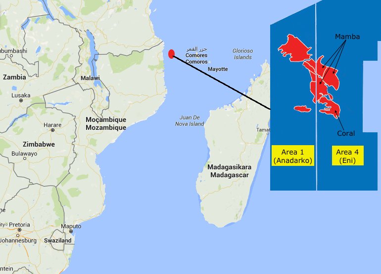 L'Area 1 di Enadarko e l'Area 4 di Eni dove sono situati i giacimenti di gas naturale a nore del Mozambico