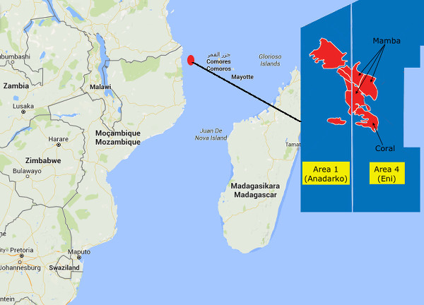 L'Area 1 di Enadarko e l'Area 4 di Eni dove sono situati i giacimenti di gas naturale a nord del Mozambico