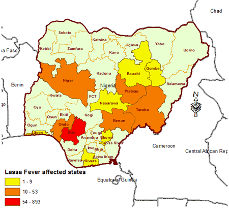 Mappa del contagio di Lassa fever in Nigeria nel 2013