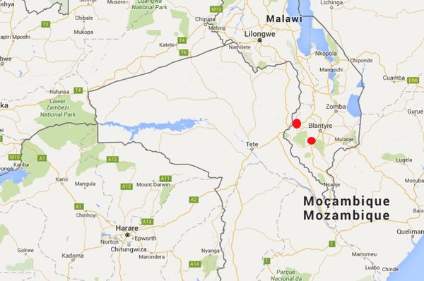 I punti in rosso indicano i luoghi di accoglienza dei profughi mozambicano in Malawi