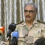General Khalifa Haftar speaks during a news conference in Abyar
