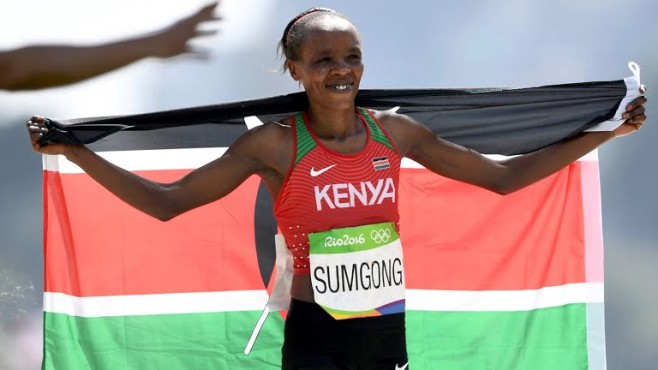 La keniota Jemima Jelagat Sumgong, medaglia d'oro nella maratona femminile