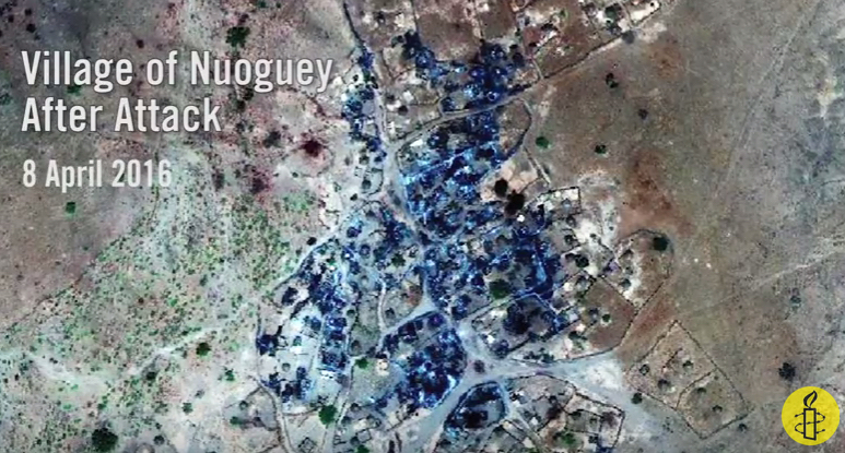 Foto satellitare del villaggio di Nouguey dopo l'attacco con armi chimiche (Courtesy Amnesty International)