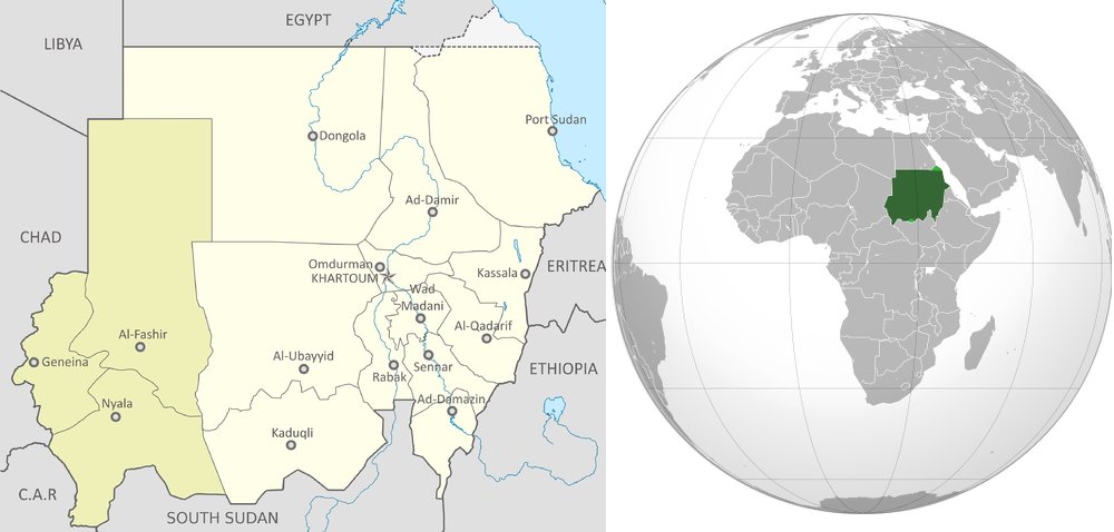 Mappa del Sudan. Il Darfur è la parte più scura
