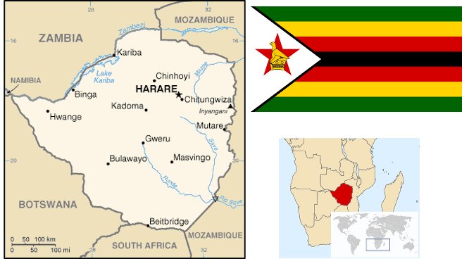 Mappa dello Zimbabwe e collocazione nel continente africano, con la bandiera
