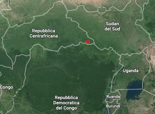 il punto rosso indica la provincia di Obo in Centrafrica dove sono avvenute le violenze