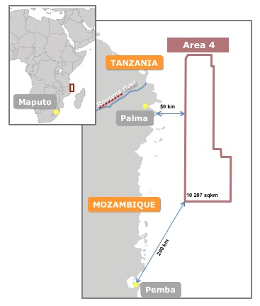 Mappa dell'Area 4 di intervento Eni a nord del Mozambico (courtesy Eni)