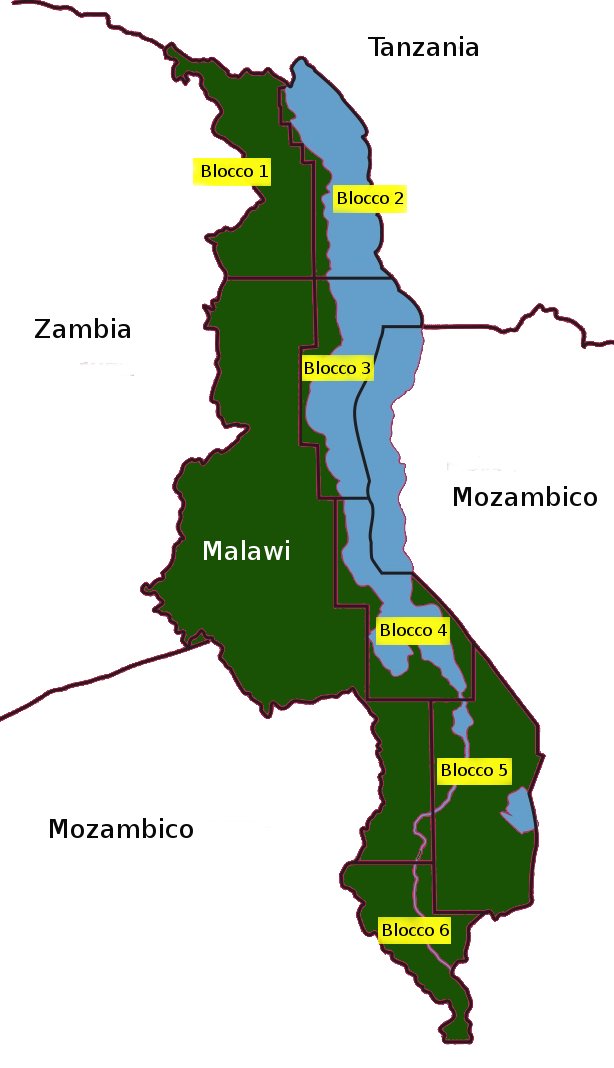 Le sei aree di indagine per la ricerca di idrocarburi del territorio del Malawi e del lago Nyassa