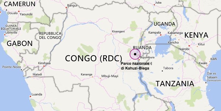 Nella mappa la posizione del parco Kahuzi-Biega nelle Repubblica Democratica del Congo (courtesy Bing maps)
