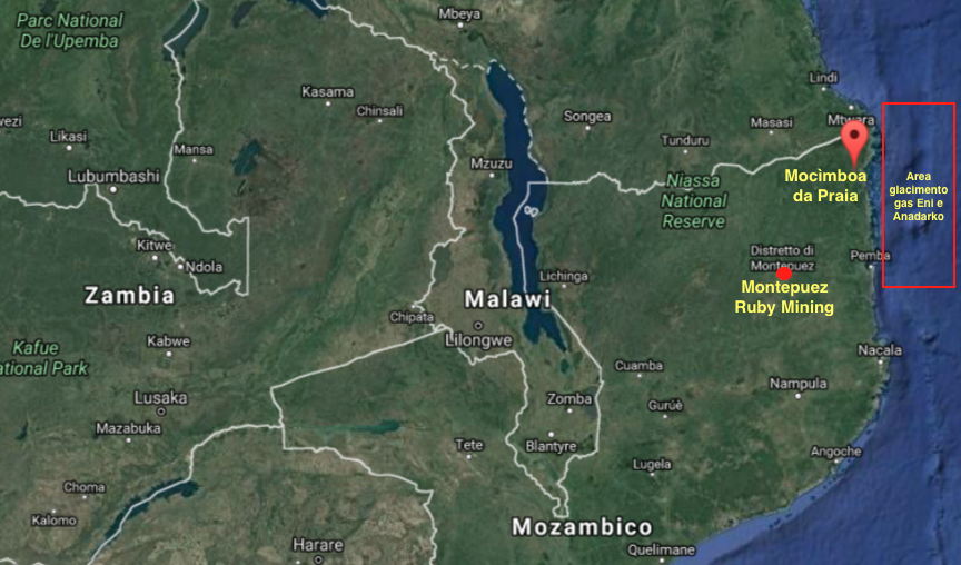 Mappa del nord del Mozambico con la localizzazione di Macimboa da Praia, la Montepuez Ruby Mining e l'area del giacimento di gas Eni e Anadarko (cortesy Google Maps)