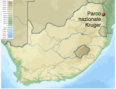 Mappa del Sudafrica. Il punto rosso indica la posizione del Kruger National Park