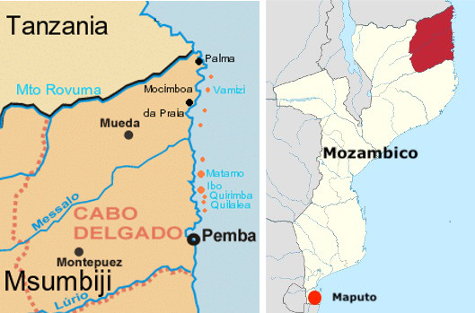 Mappa della provincia di Cabo Delgado e la sua posizione geografica nella mappa del Mozambico