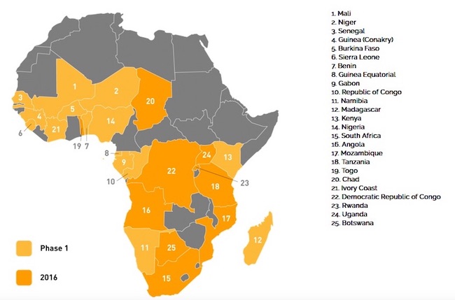 Mappa dei Paesi africani del progetto Akon Lighting Africa
