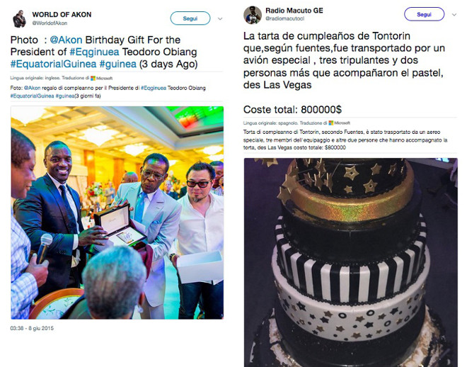 A sin. tweet di Akon mentre dà l'orologio di diamanti al presidente Obiang. A destra: la torta di compleanno di Teodorino Obiang del costo di 800 lila USD