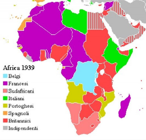 La mappa mostra gli ex possedimenti coloniali europei in Africa