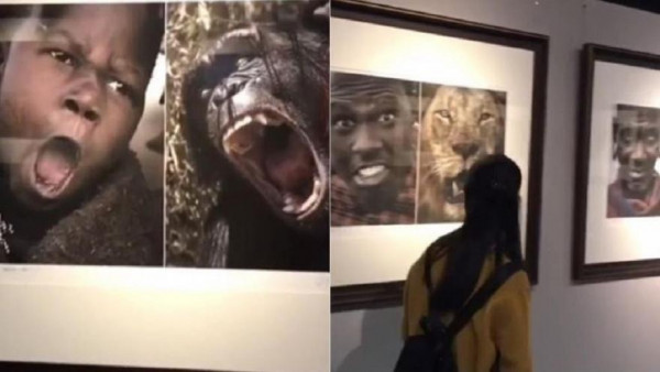 Immagini esposte in un museo cinese che confrontano gli africani ad animali della savana