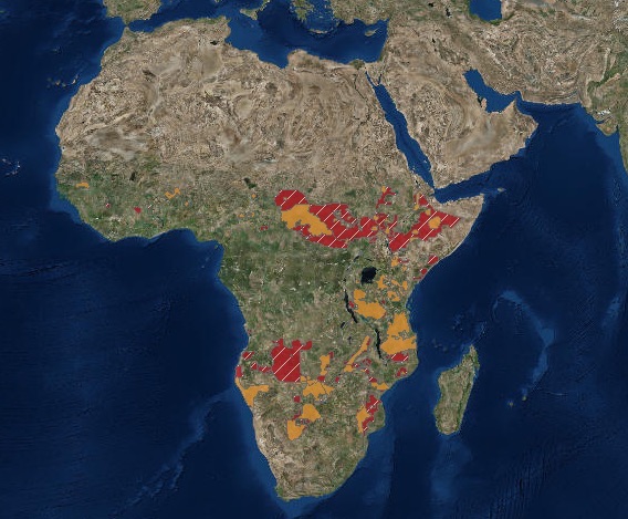 Mappa del 2016 (Panthera e WCS) delle aree dell'Africa dove vive il leone (arancione) e dove è scomparso (rosso) Courtesy IUCN Red List)