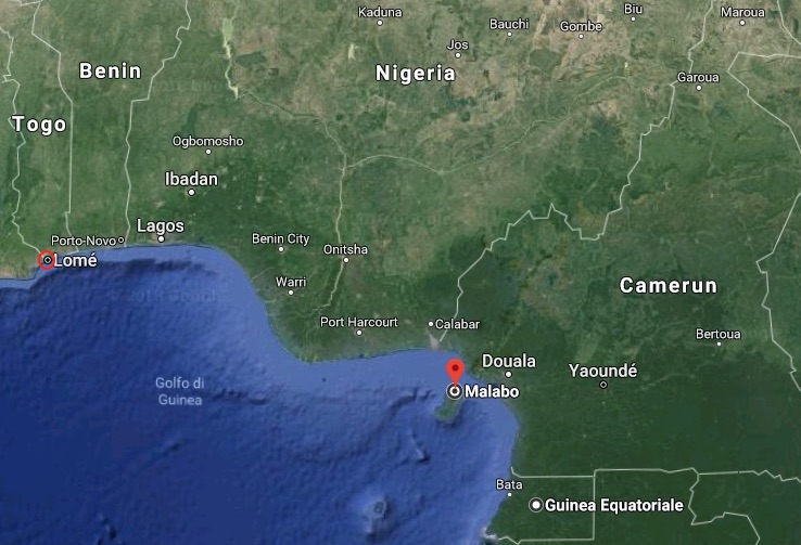 Mappa con la posizione di Lomè, capitale del Togo e Malabo, capitale della Guinea Equatoriale (Courtesy Google Maps)