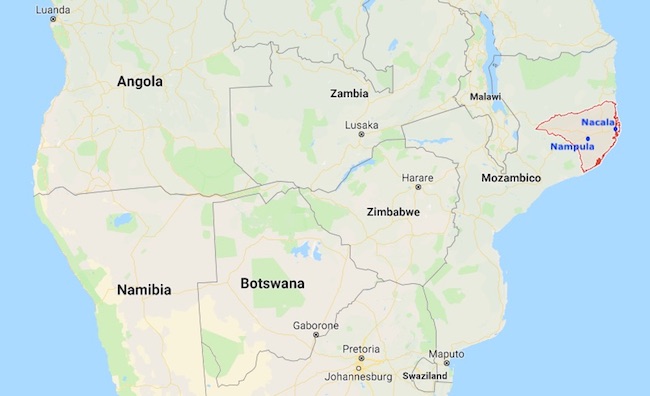 Mappa della provincia di Nampula, Mozambico, con le città di Nampula e Nacala (Courtesy Google Maps)