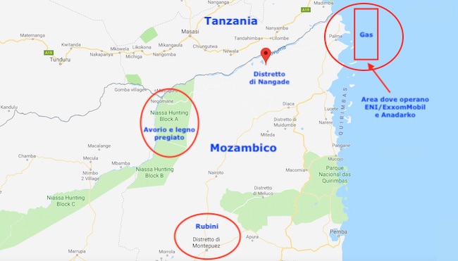 Mappa del Nord Mozambico con il distretto di Nangade e le aree strategiche (Courtesy Google Maps)