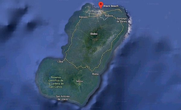 Mappa dell'isola di Bioko e posizione del carcere Black Beach (Courtesy Google Maps)