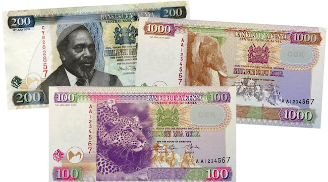 La banconota del 2010 con il primo presidente del Kenya, Jomo Kenyatta, e le nuove banconote emesse dalla Central Bank of Kenya