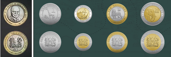 A sinistra le monete con l'effigie Mwai Kibak, terzo presidente del Kenya, e le nuove monete che raffigurano gli animali della savana