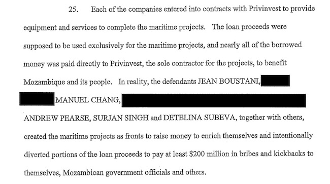 La parte del documento dell'accusa contro Manuel Chang e gli altri imputati che riguarda i 200mln di dollari in tangenti per sè e per altri