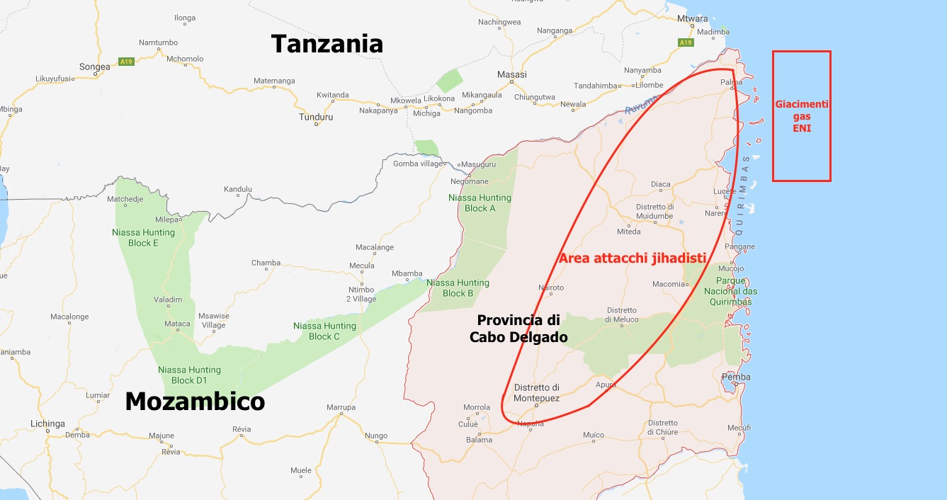 Mappa di Cabo Delgado (Nord del Mozambico) con l'area degli attacchi jihadisti e il giacimento di gas naturale dove operano ENI e ExxonMobil