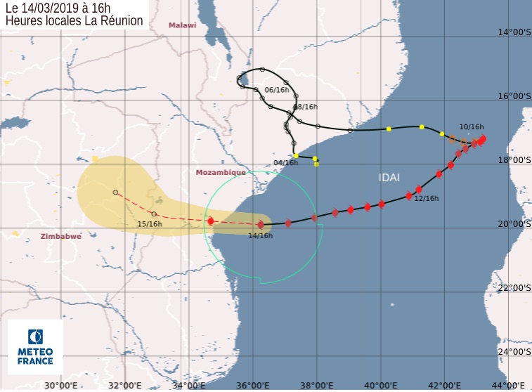 Tragitto del ciclone Idai verso il Mozambico al 14 marzo 2019 (Courtesy Meteo France)