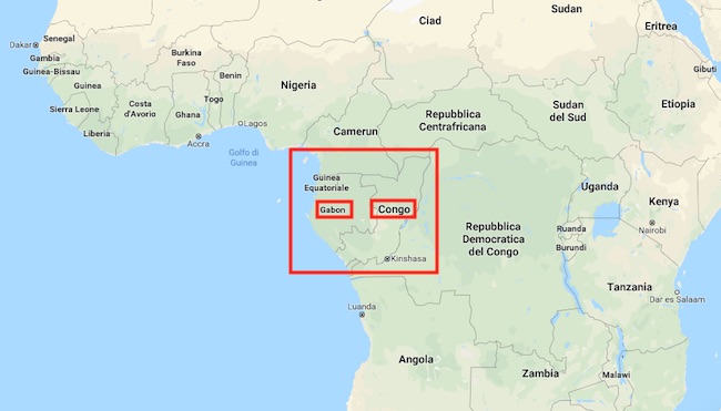 Mappa dell'Africa centrale. In evidenza Gabon e Congo (Courtesy Google Maps)