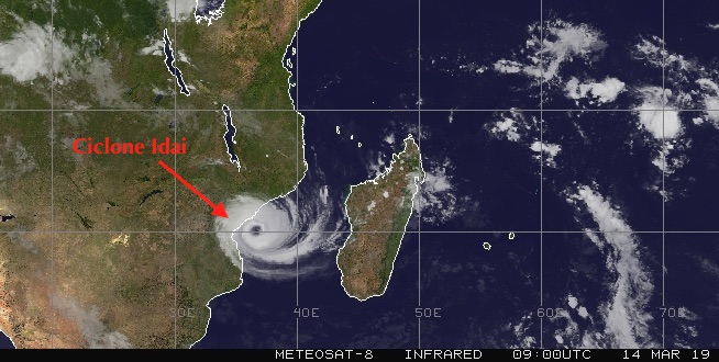 Ciclone Idai accanto alle coste mozambicane (Courtesy Meteosat)