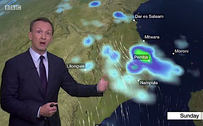 Previsioni meteo BBC sul ciclone Kenneth in Mozambico (Courtesy BBC)