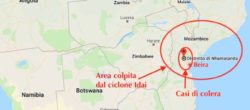 L'area colpita dal ciclone Idai e le due città mozambicane con i casi di colera (Map: Courtesy Google Maps)