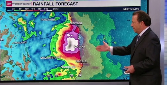Previsioni meteo dell'impatto del ciclone tropicale Kenneth della CNN (Courtesy CNN)