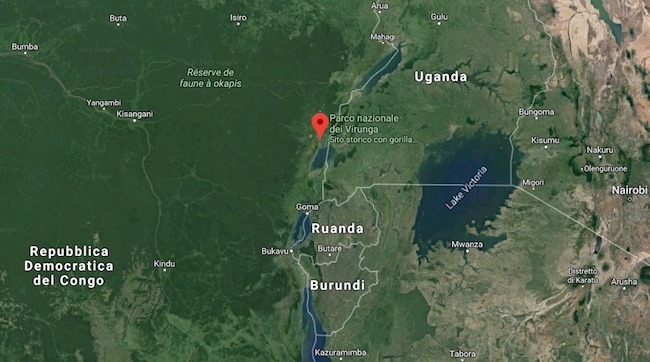 Localizzazione del Virunga National Park in RDC al confine con l'Uganda (Courtesy Google Maps)