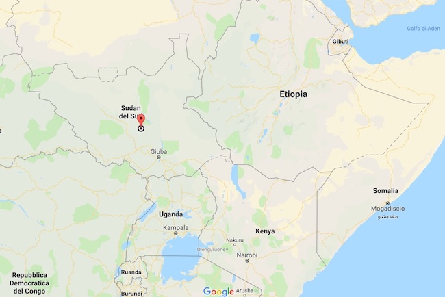 Mappa del Sus Sudan. È indicato il luogo dell'omicidio (Courtesy Google Maps)