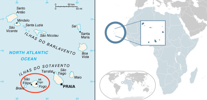 Mappa dell'arcipelago di Capo Verde e la posizione dell'Isola Fogo