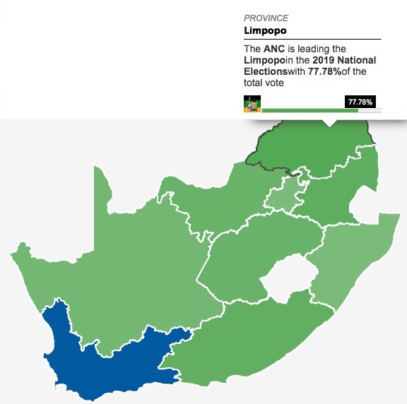 Mappa del Sudafrica con la parcentuale dei voti dati al'ANC nella Provincia del Limpopo (Courtesy News24)
