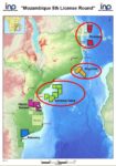 Mappa del Mozambico con le aree LNG. Nei cerchi rossi sono comprese le zone operative ENI (Courtesy INP)