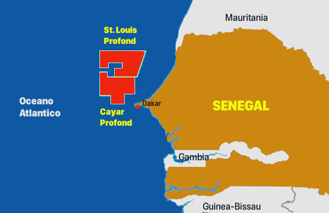 In rosso i giacimenti di idrocarburi offshore in Senegal